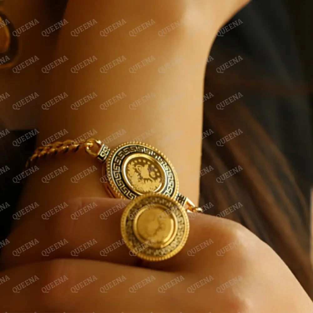 Luxury Lyra Coin Jewelry Full Set 4 Pieces Golden Lyra Coin Janzeer Chain With Verasacei Pattern -