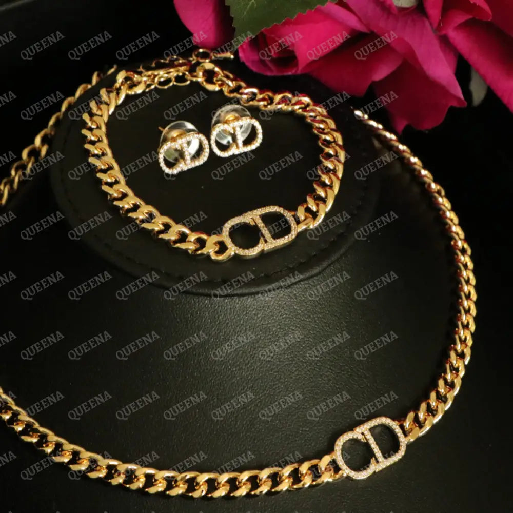 Luxury New CD Jewelry Set - 3 Pieces Golden Chain Studded with Full Zircon Stones- High Quality 18k Gold Plated