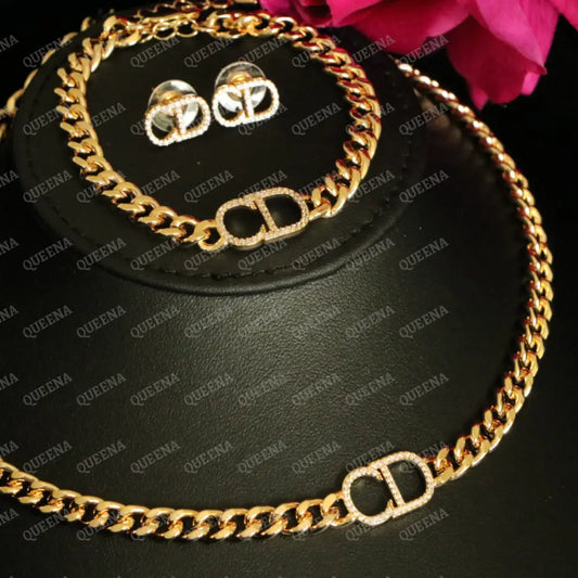 Luxury New CD Jewelry Set - 3 Pieces Golden Chain Studded with Full Zircon Stones- High Quality 18k Gold Plated