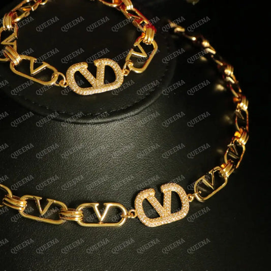 Luxury New Valentina Jewelry Set (Necklace + Bracelet) - Studded with Full Zircon Stones- High Quality 18k Gold Plated