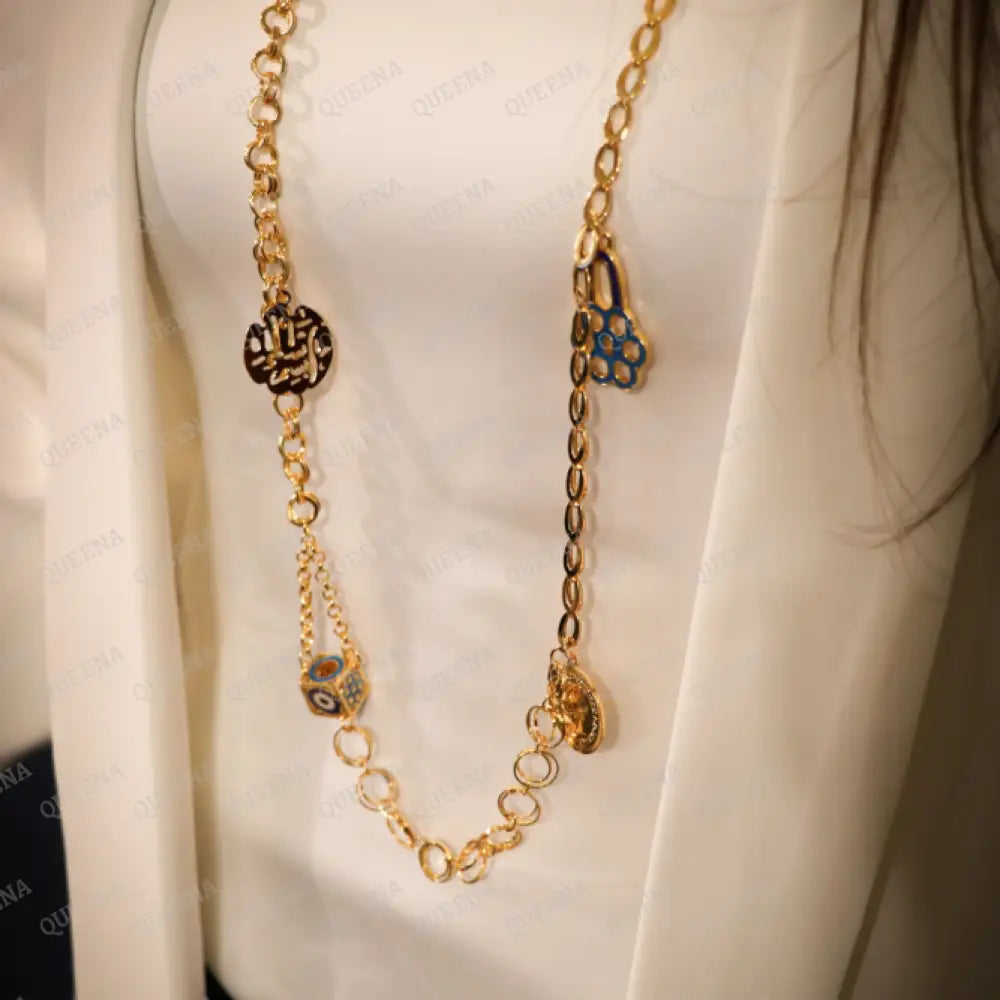 Luxury Shiny Gold Plated 18K Multi-Medallion Long Chainlink Necklace Necklaces