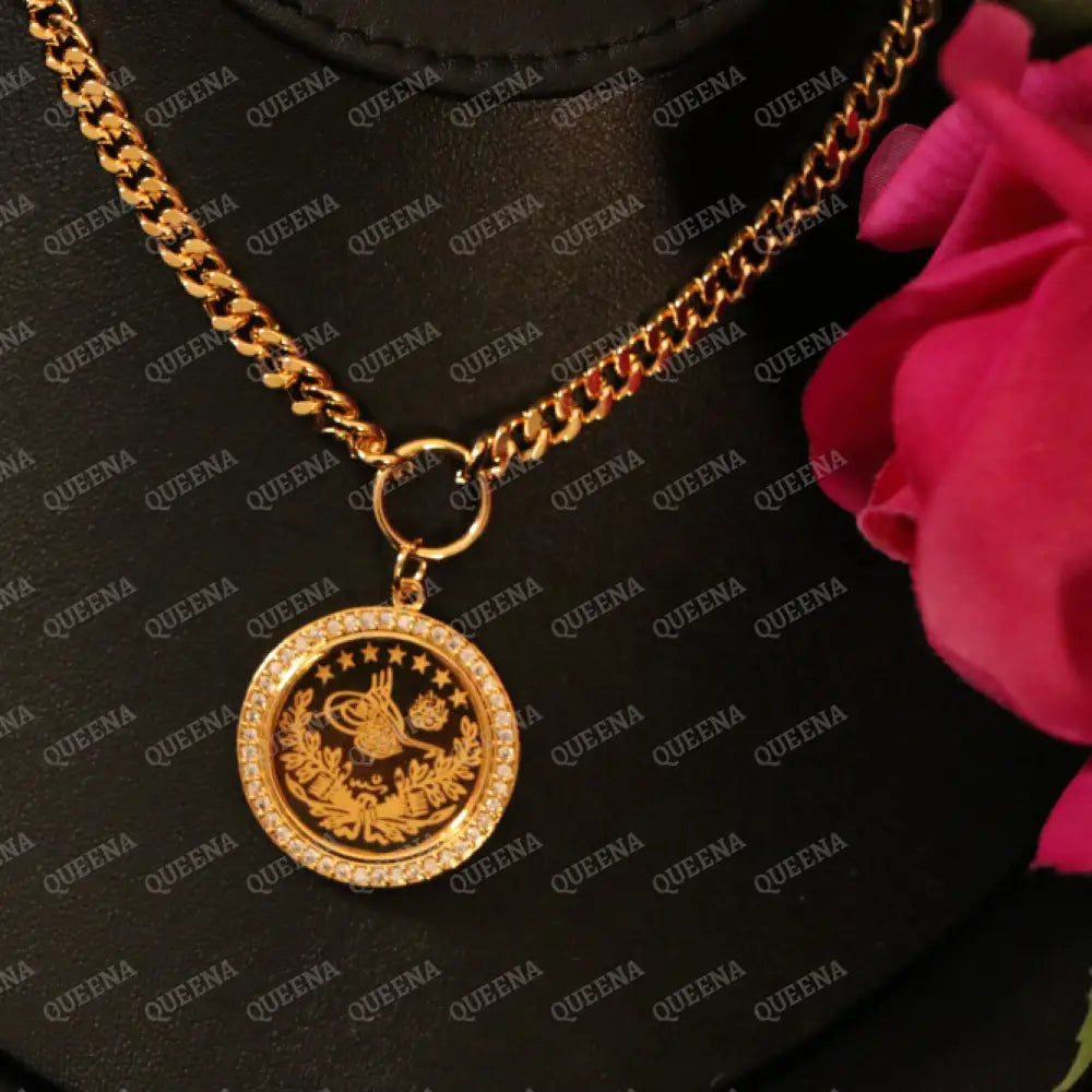 Luxury Shiny Gold Plated 18K Turkish Lyra Coin Long Janzeer Chain Necklace Studded with Zircon Necklaces