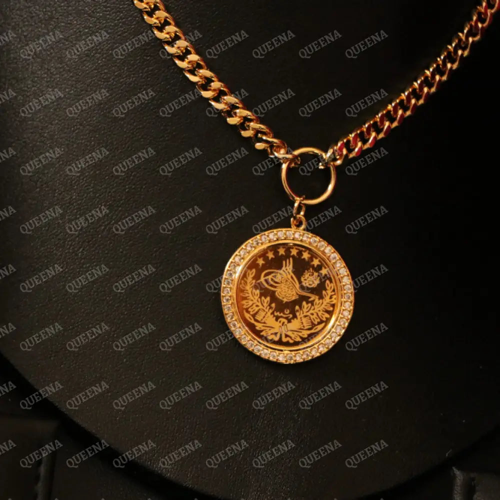 Luxury Shiny Gold Plated 18K Turkish Lyra Coin Long Janzeer Chain Necklace Studded with Zircon Necklaces