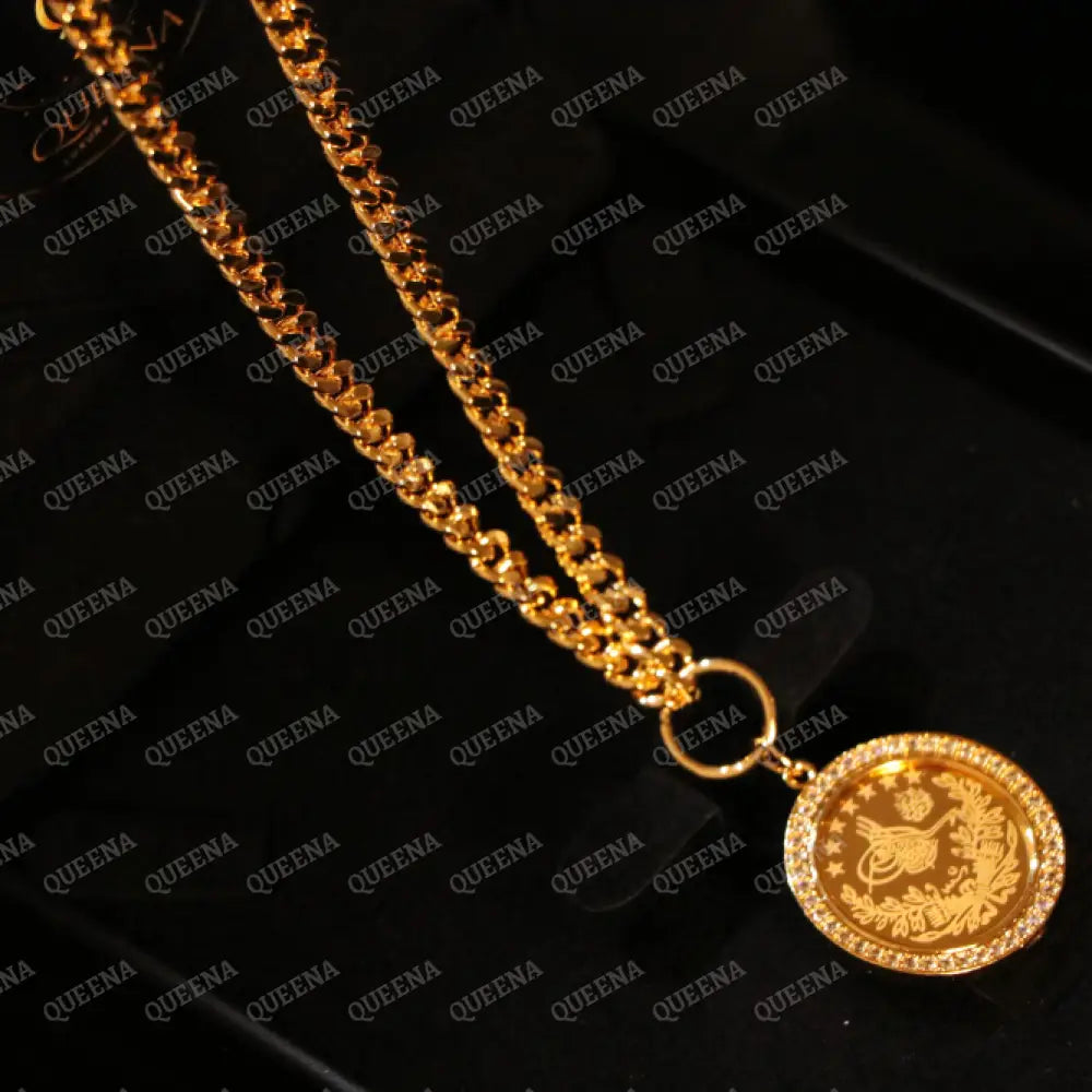 Luxury Shiny Gold Plated 18K Turkish Lyra Coin Long Janzeer Chain Necklace Studded with Zircon Necklaces