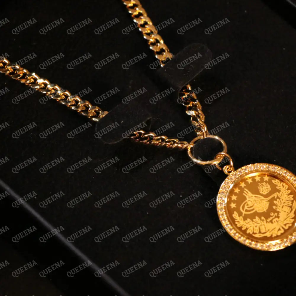 Luxury Shiny Gold Plated 18K Turkish Lyra Coin Long Janzeer Chain Necklace Studded with Zircon Necklaces