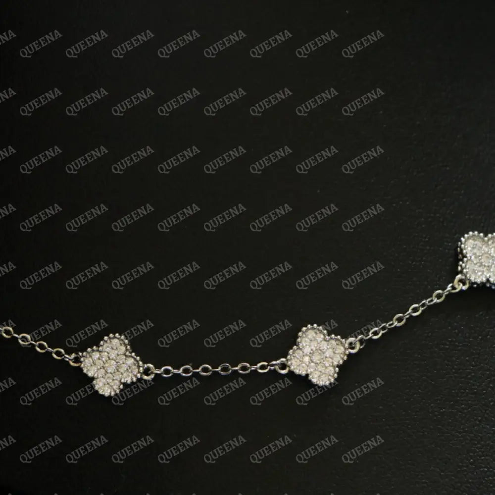Luxury Silver ROSA Floral Jewelry Set with 10 Mini Clover Flowers (Necklace + Bracelet) Studded with Full Zircon