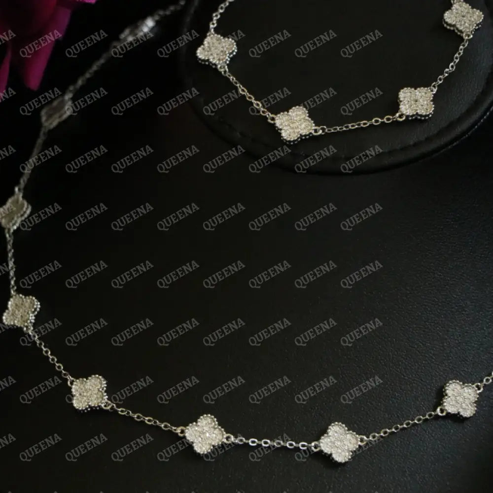 Luxury Silver ROSA Floral Jewelry Set with 10 Mini Clover Flowers (Necklace + Bracelet) Studded with Full Zircon
