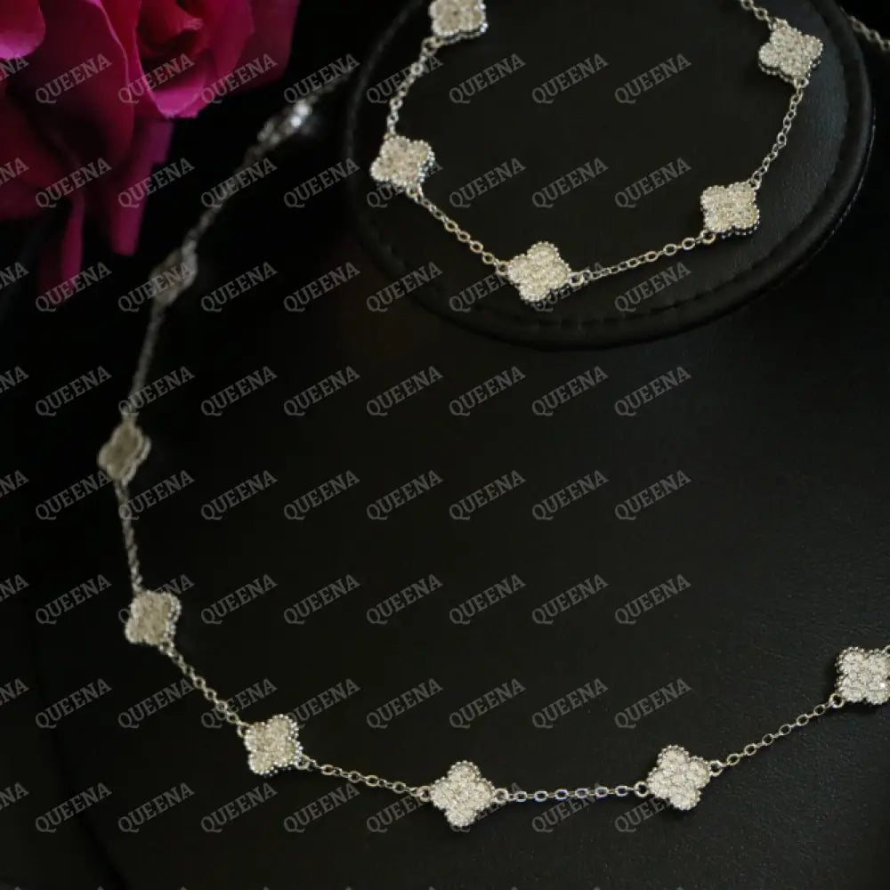 Luxury Silver ROSA Floral Jewelry Set with 10 Mini Clover Flowers (Necklace + Bracelet) Studded with Full Zircon