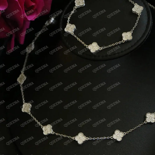 Luxury Silver ROSA Floral Jewelry Set with 10 Mini Clover Flowers (Necklace + Bracelet) Studded with Full Zircon