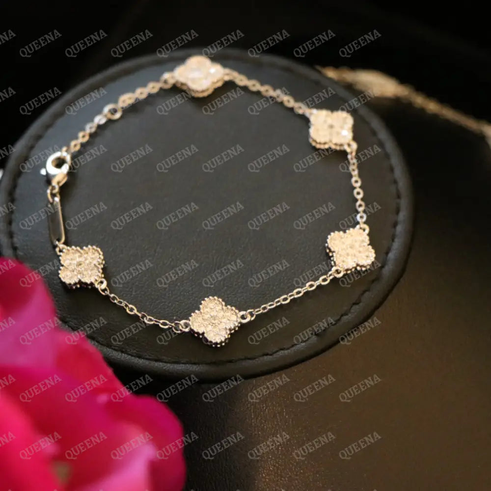 Luxury Silver ROSA Floral Jewelry Set with 10 Mini Clover Flowers (Necklace + Bracelet) Studded with Full Zircon