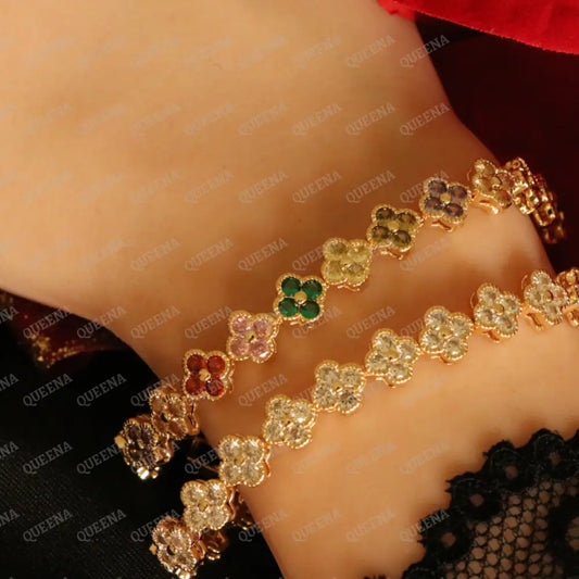 Luxury Sparkling Clovers Flowers CRYSTAL Gemstones Tennis Bracelet Bracelet