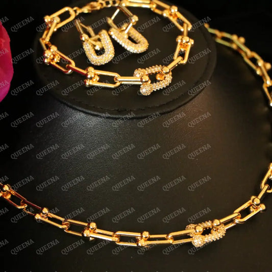 Luxury TEFFANIA JEWELRY FULL SET 3 Pieces Golden Paperlink Chain Studded with Gold Zircon Stones - High Quality 18k