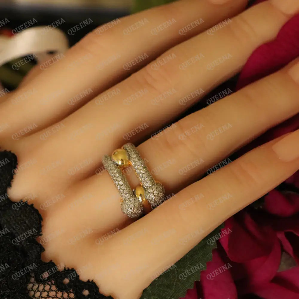 Luxury TEFFANIA Ring Golden Large link Studded with Silver Zircon Stones - Adjustable (Free Size) Rings