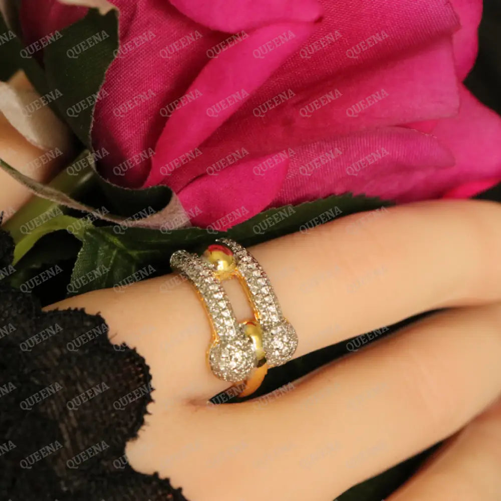 Luxury TEFFANIA Ring Golden Large link Studded with Silver Zircon Stones - Adjustable (Free Size) Rings
