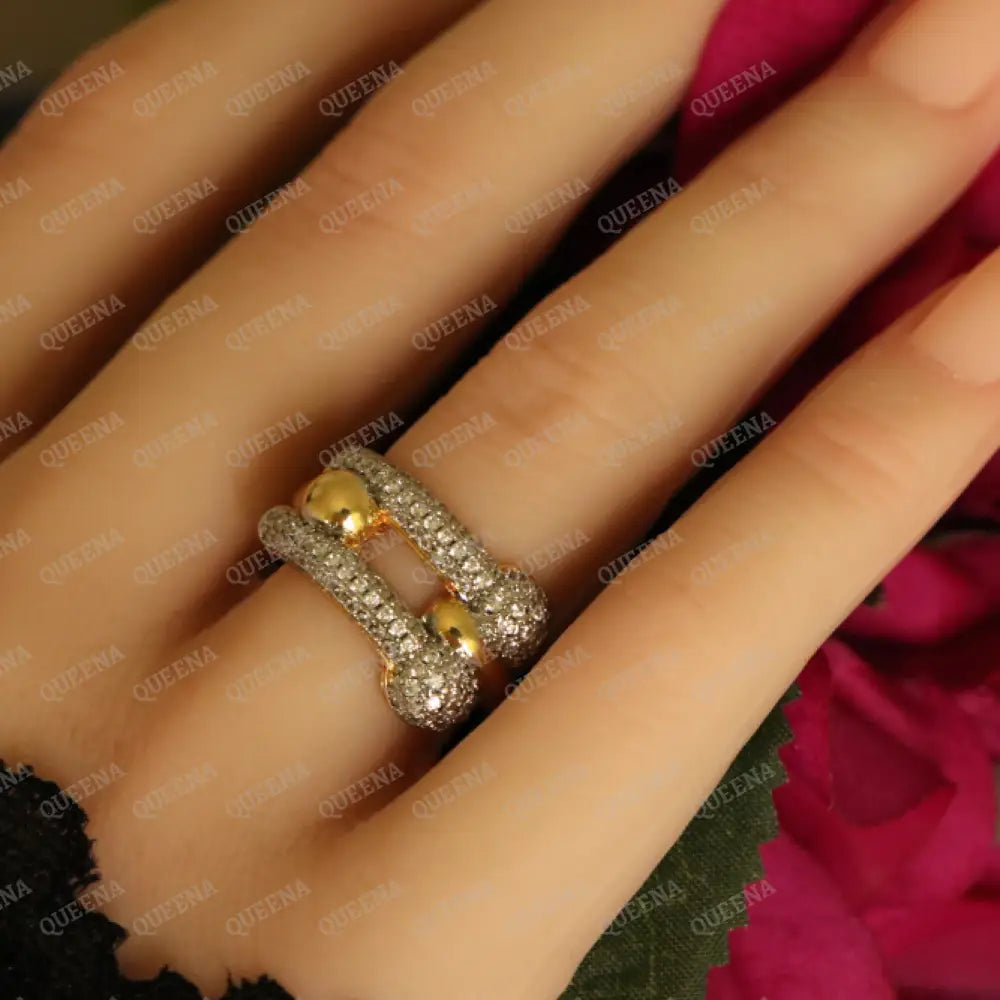 Luxury TEFFANIA Ring Golden Large link Studded with Silver Zircon Stones - Adjustable (Free Size) Rings