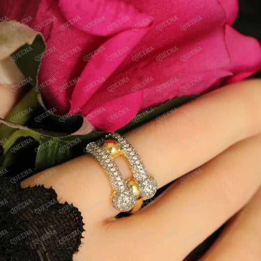 Luxury TEFFANIA Ring Golden Large link Studded with Silver Zircon Stones - Adjustable (Free Size) Rings