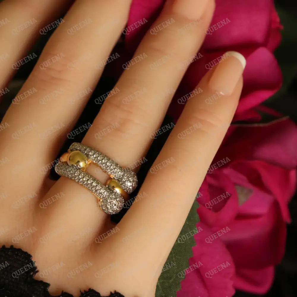 Luxury TEFFANIA Ring Golden Large link Studded with Silver Zircon Stones - Adjustable (Free Size) Rings