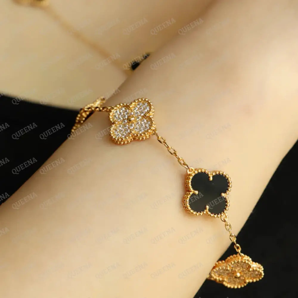 Luxury Vca Bracelet With 5 Multi Black Onyx And Zircon Leaf Clover - High Quality 18K Gold Plated