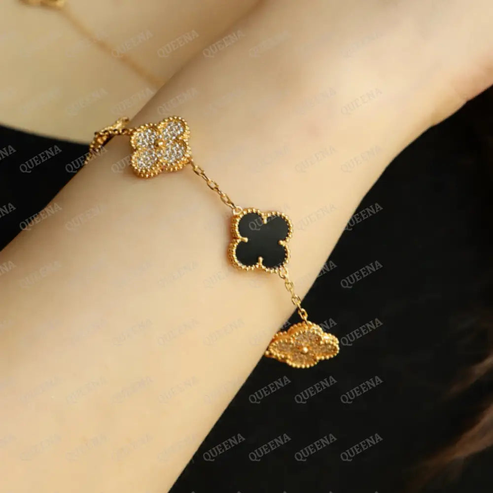 Luxury Vca Bracelet With 5 Multi Black Onyx And Zircon Leaf Clover - High Quality 18K Gold Plated