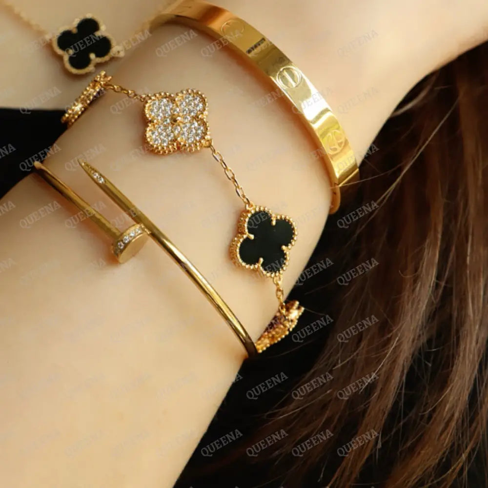 Luxury Vca Bracelet With 5 Multi Black Onyx And Zircon Leaf Clover - High Quality 18K Gold Plated