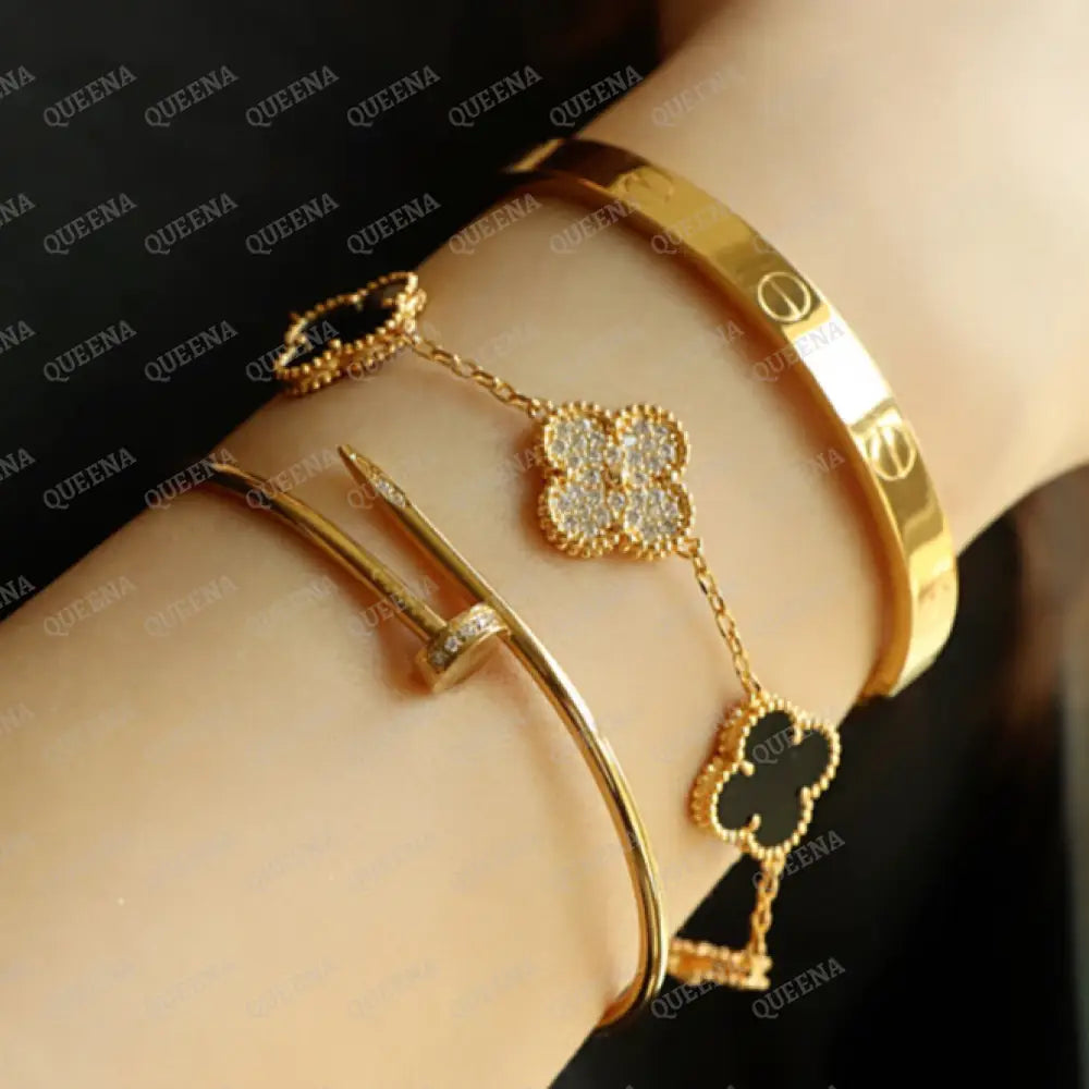 Luxury Vca Bracelet With 5 Multi Black Onyx And Zircon Leaf Clover - High Quality 18K Gold Plated