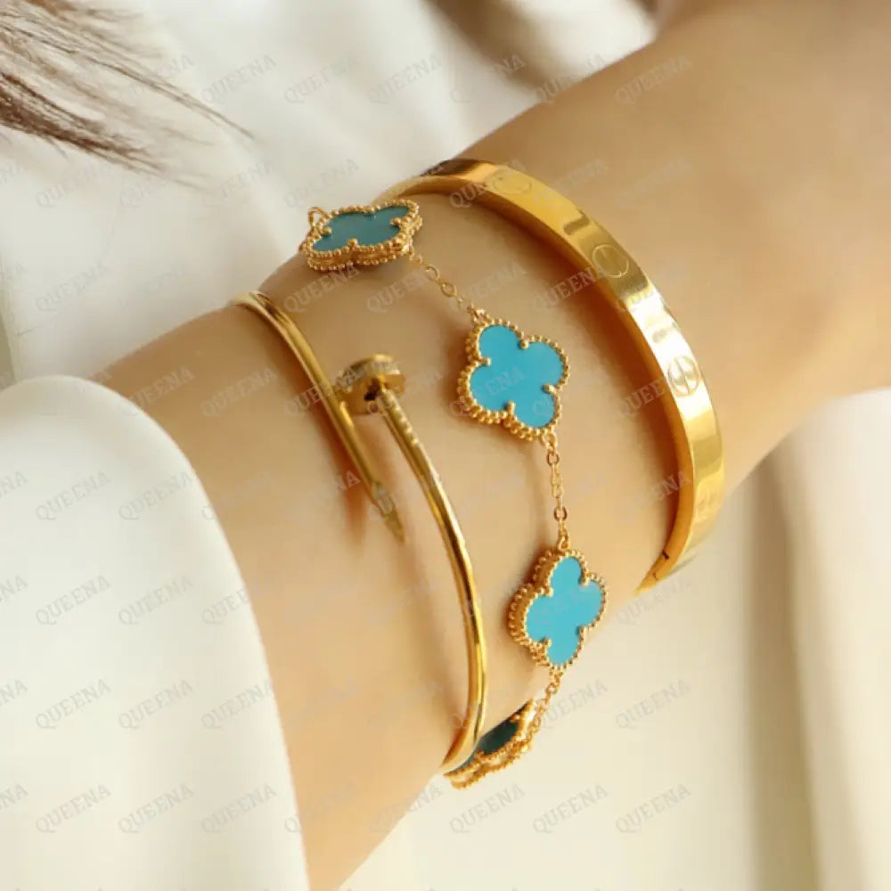 Luxury Vca Bracelet With 5 Multi Turquoise Blue Leaf Clover - High Quality 18K Gold Plated