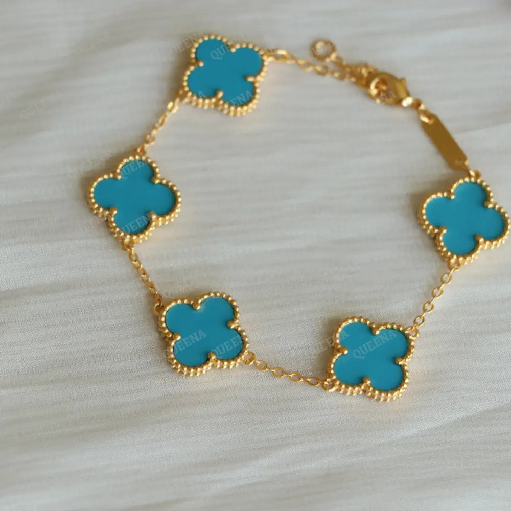 Luxury Vca Bracelet With 5 Multi Turquoise Blue Leaf Clover - High Quality 18K Gold Plated