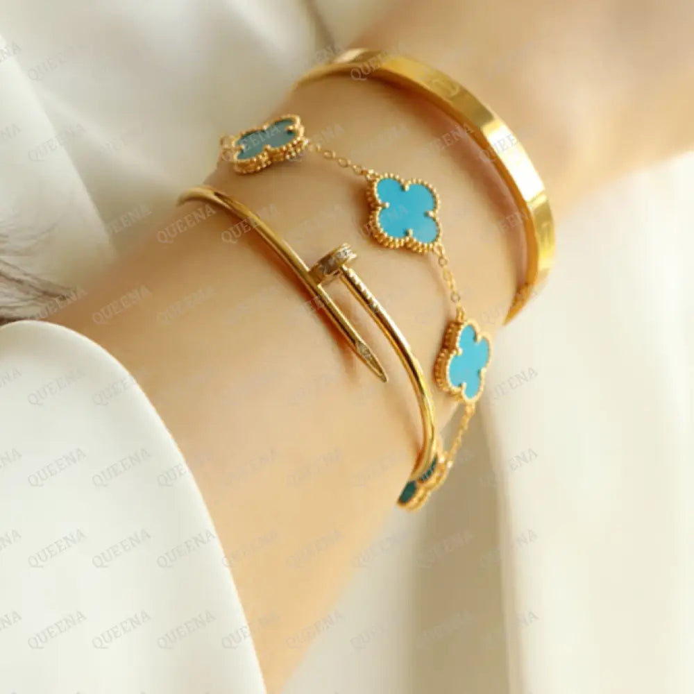 Luxury Vca Bracelet With 5 Multi Turquoise Blue Leaf Clover - High Quality 18K Gold Plated