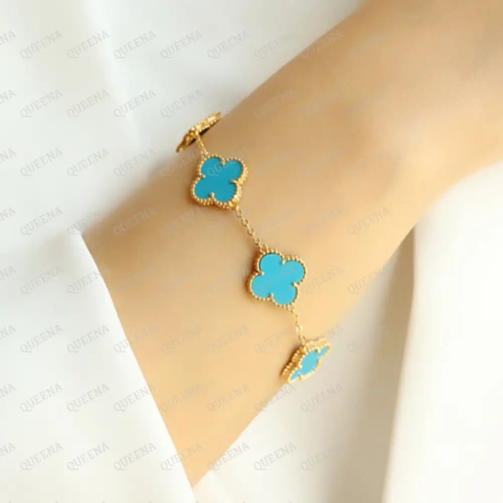 Luxury Vca Bracelet With 5 Multi Turquoise Blue Leaf Clover - High Quality 18K Gold Plated