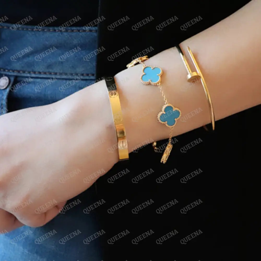 Luxury Vca Bracelet With 5 Multi Turquoise Blue Leaf Clover - High Quality 18K Gold Plated