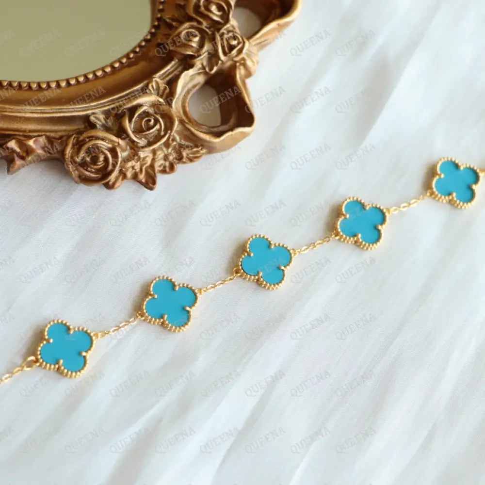 Luxury Vca Bracelet With 5 Multi Turquoise Blue Leaf Clover - High Quality 18K Gold Plated