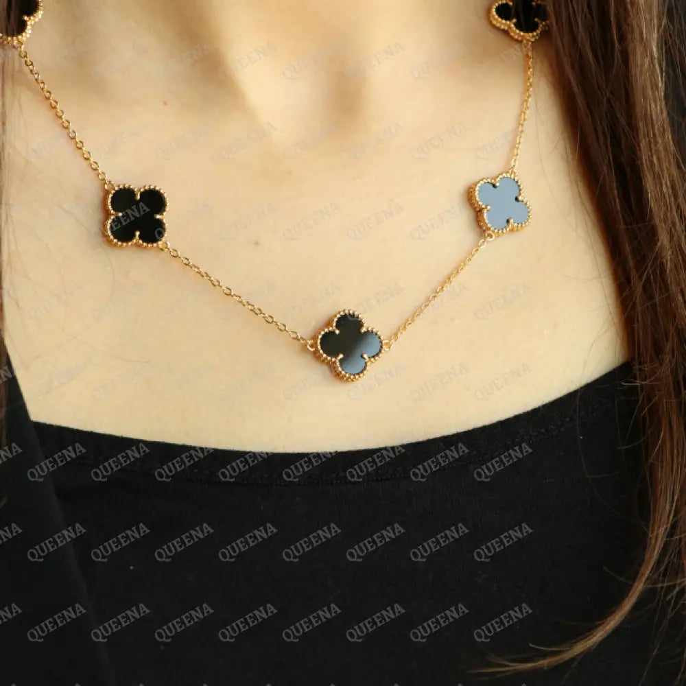 Luxury Vca Necklace With 7 Multi Black Onyx Leaf Clover - High Quality 18K Gold Plated Statement