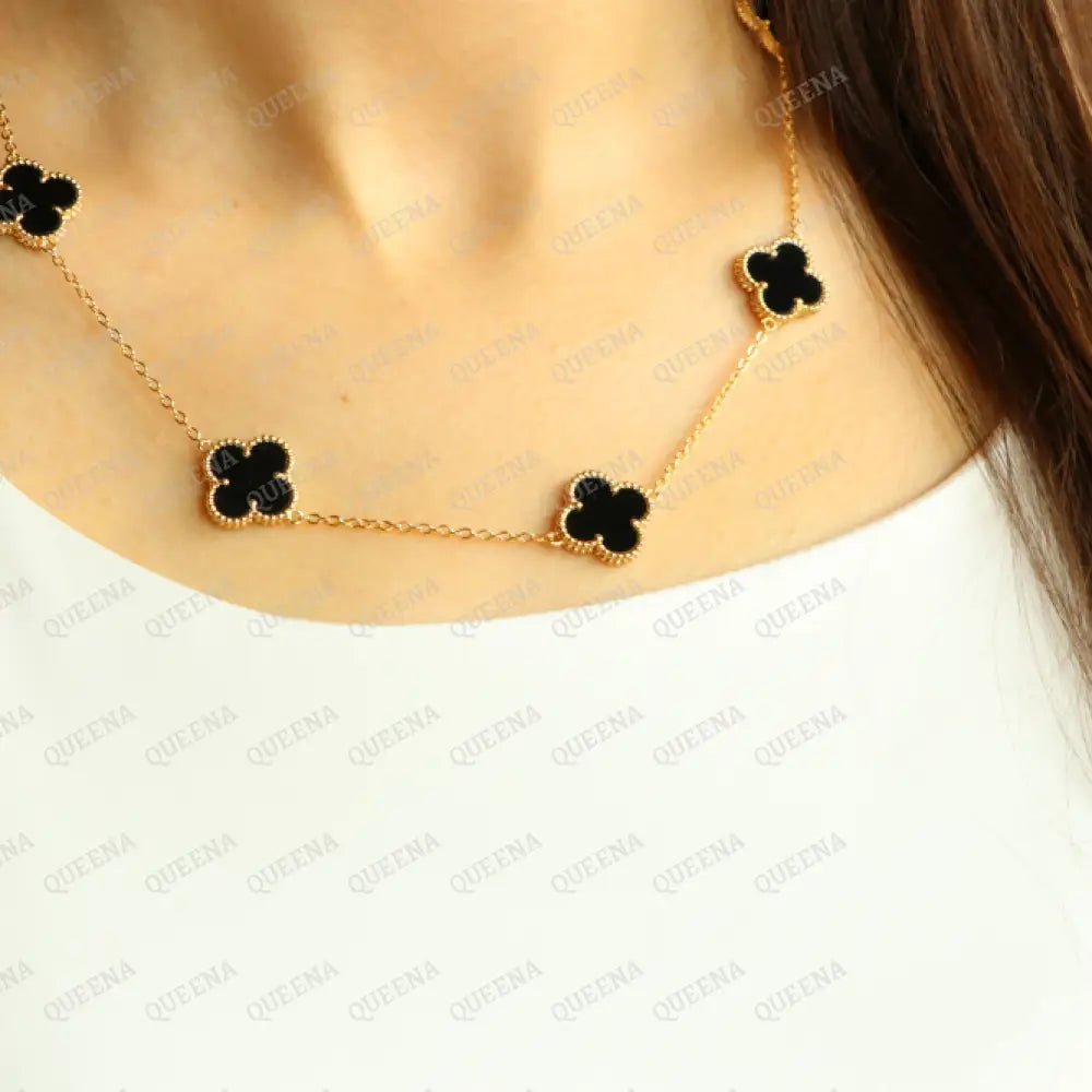 Luxury Vca Necklace With 7 Multi Black Onyx Leaf Clover - High Quality 18K Gold Plated Statement