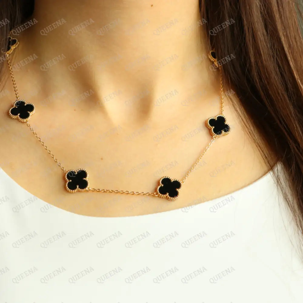 Luxury Vca Necklace With 7 Multi Black Onyx Leaf Clover - High Quality 18K Gold Plated Statement