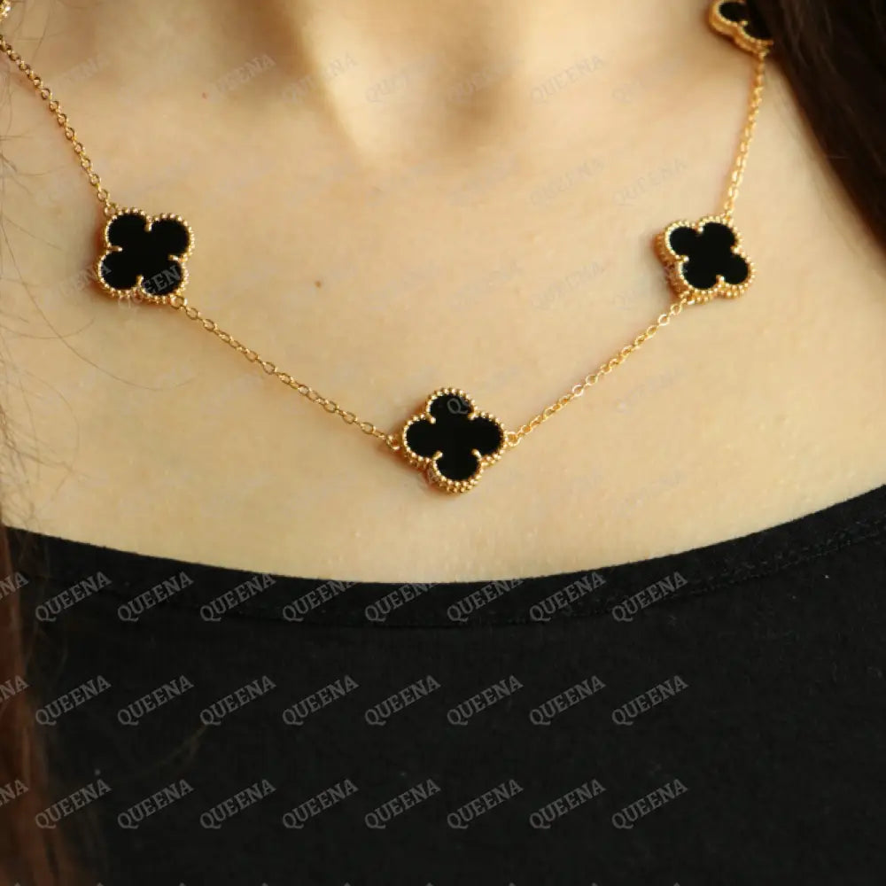 Luxury Vca Necklace With 7 Multi Black Onyx Leaf Clover - High Quality 18K Gold Plated Statement