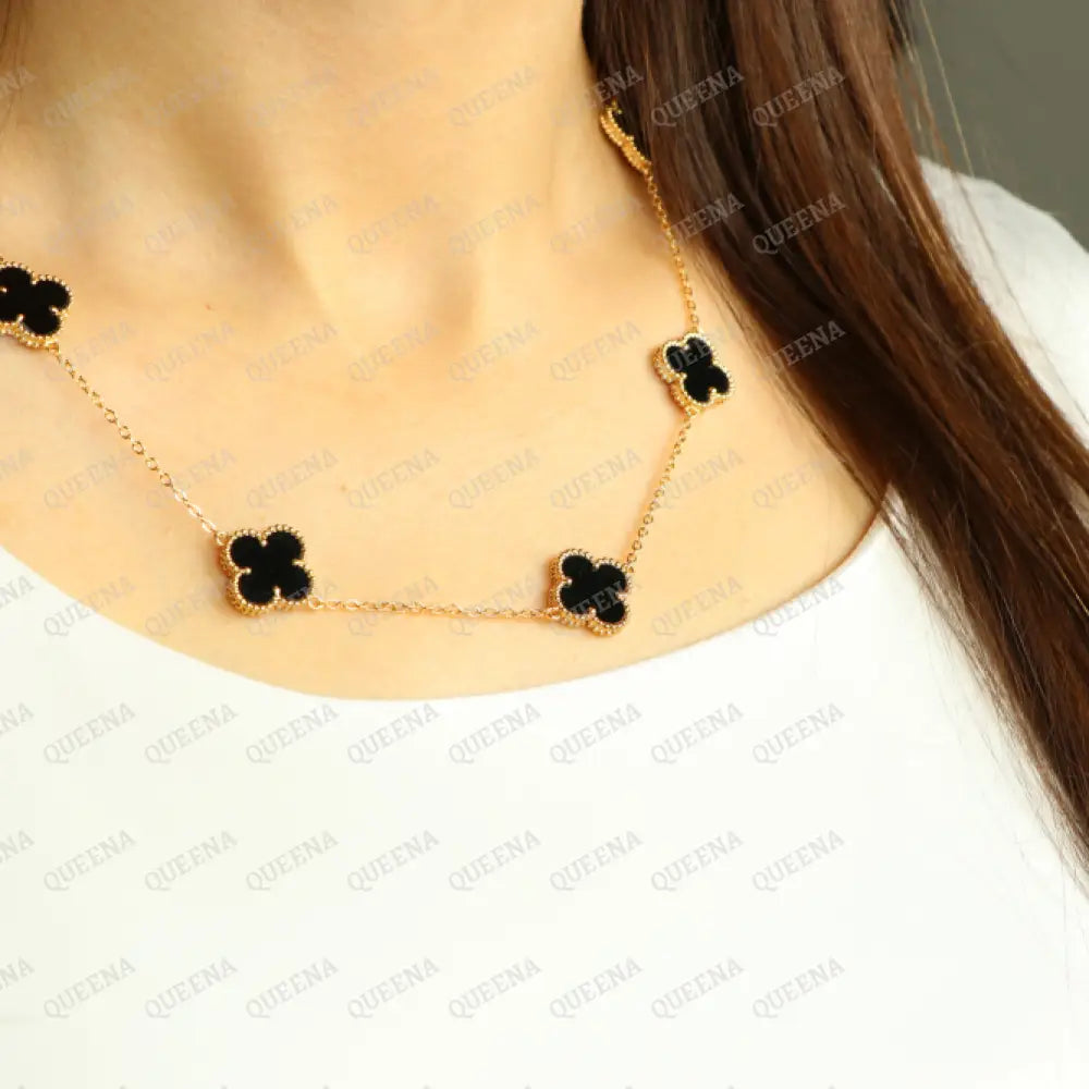 Luxury Vca Necklace With 7 Multi Black Onyx Leaf Clover - High Quality 18K Gold Plated Statement