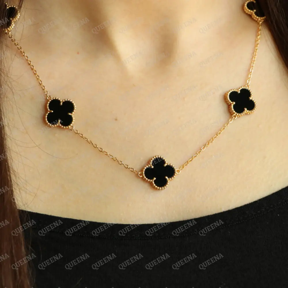 Luxury Vca Necklace With 7 Multi Black Onyx Leaf Clover - High Quality 18K Gold Plated Statement