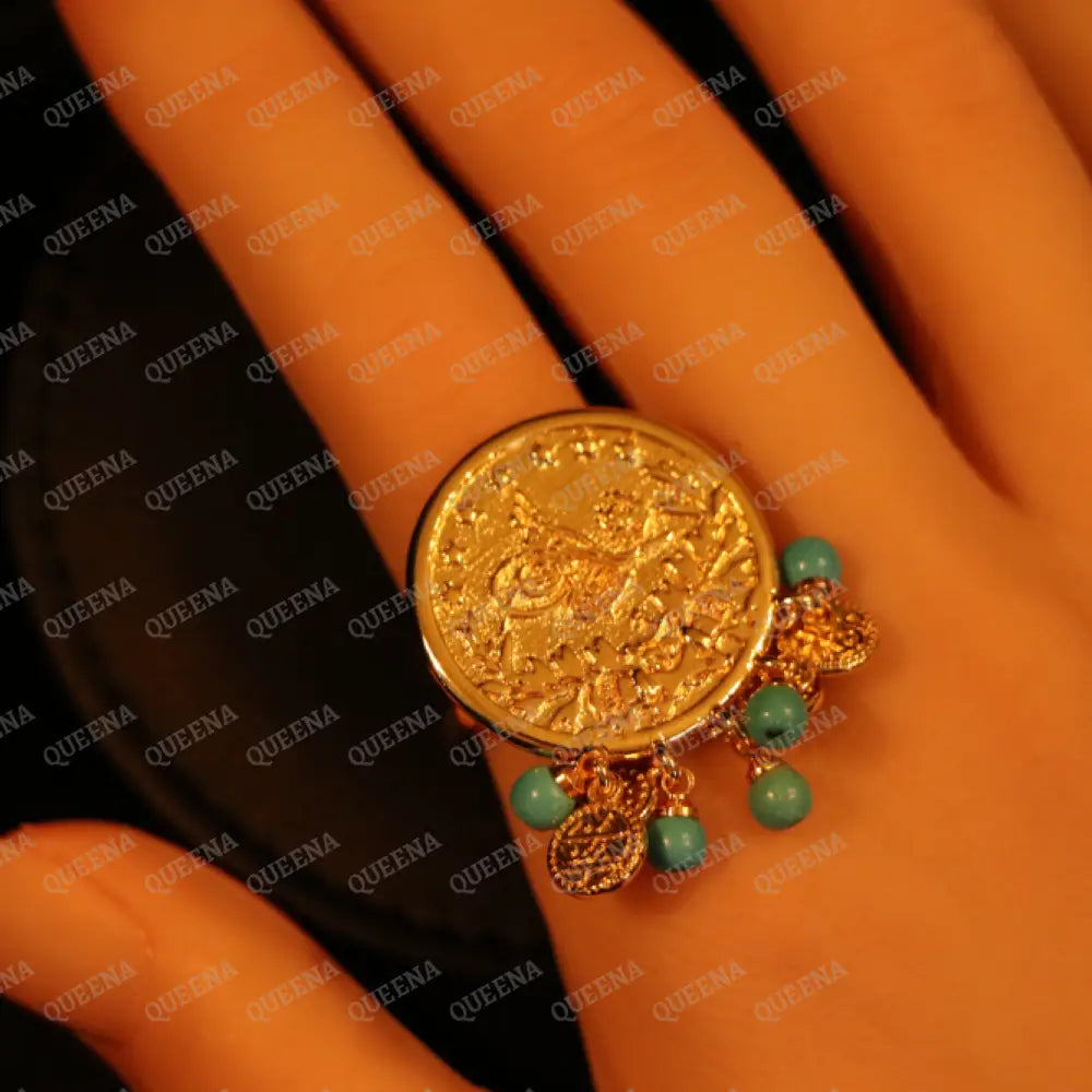 Lyra Coin Frfasha Ring with Blue Beads Rings