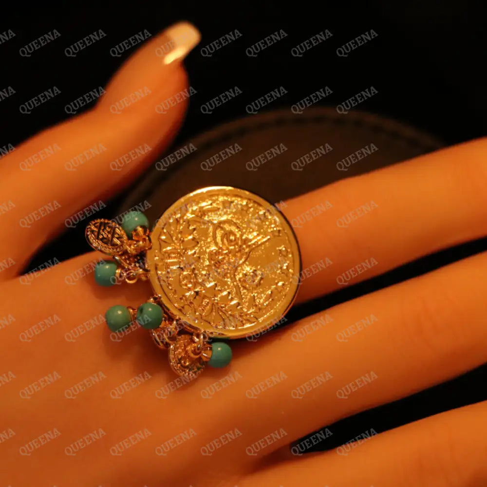 Lyra Coin Frfasha Ring with Blue Beads Rings