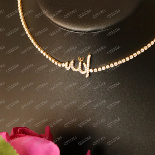 Necklace (ALLAH) Name In Arabic Calligraphy- Golden Full Zircon Stones Tennis Choker Necklace Necklaces