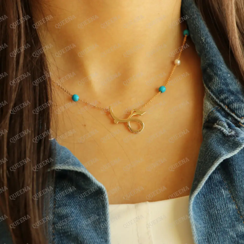 Necklace (حب) Love Word In Arabic Calligraphy With Blue & Pearls Beads Necklaces