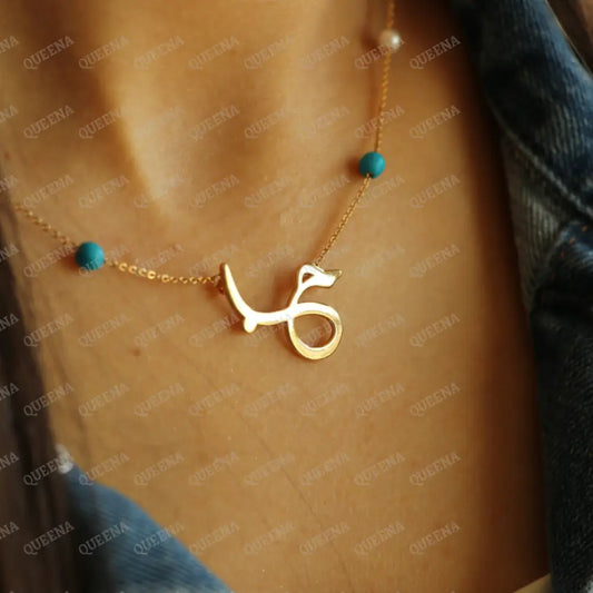 Necklace (حب) Love Word In Arabic Calligraphy With Blue & Pearls Beads Necklaces