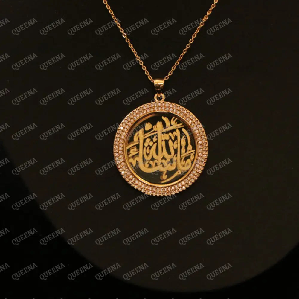 Necklace (MASHALLAH) WHAT ALLAH HAS WILLED IT Word In Arabic Calligraphy - Circular Golden Pendant Necklace Studded