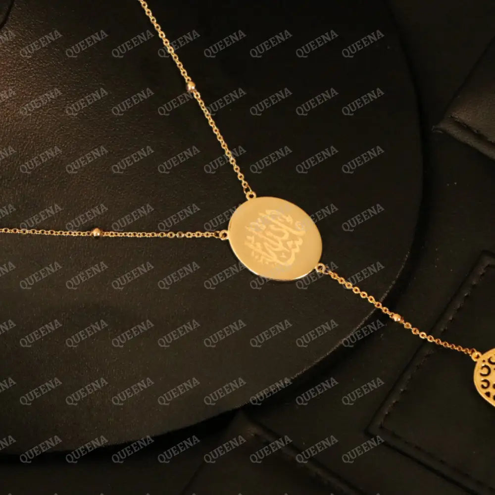 Necklace (MASHALLAH) WHAT ALLAH HAS WILLED IT Word In Arabic Calligraphy - Oval pendant with Hamsa Hand Rosery Necklaces