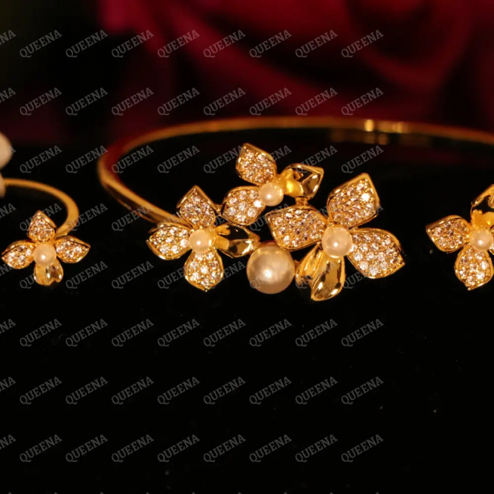 Pearls Flower Half Set Stud with Zircon Stones - High Quality 18k Gold Plated Statement Design - Jewelry Sets