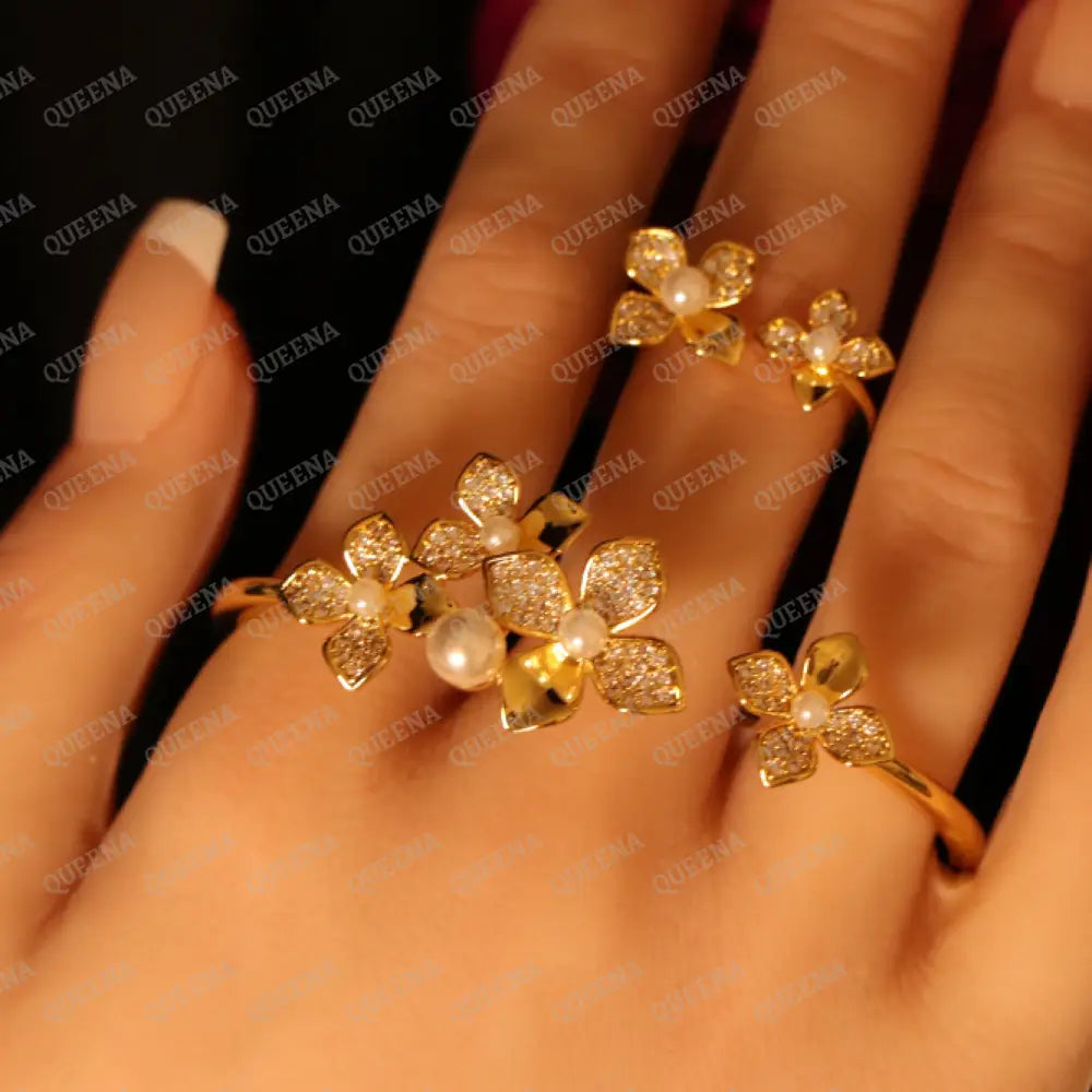 Pearls Flower Half Set Stud with Zircon Stones - High Quality 18k Gold Plated Statement Design - Jewelry Sets