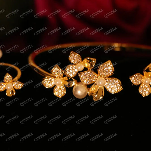 Pearls Flower Half Set Stud with Zircon Stones - High Quality 18k Gold Plated Statement Design - Jewelry Sets
