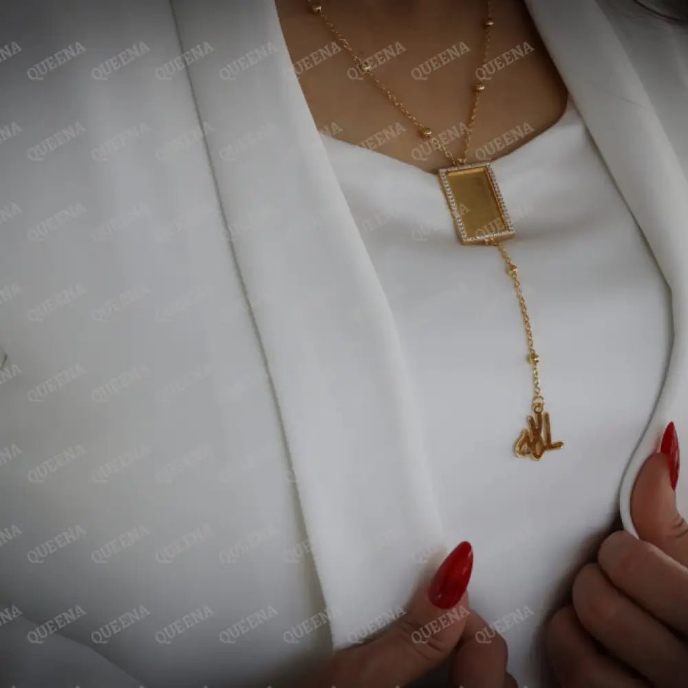 Rectangle Crystal & Zircon Ayat Kursi And Allah Rosary - Necklace Necklaces