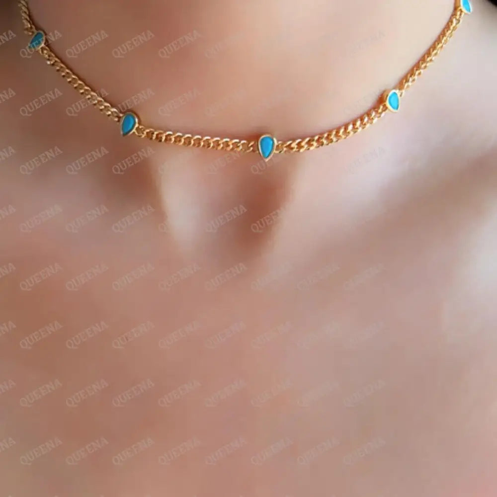 Short Gold Choker Necklace With Shiny Almond Teardrop Stones Blue Necklaces