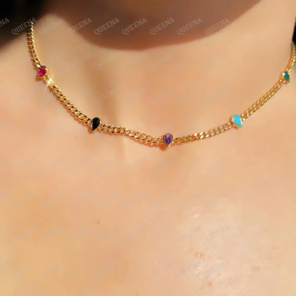 Short Gold Choker Necklace With Shiny Almond Teardrop Stones Colorful Necklaces